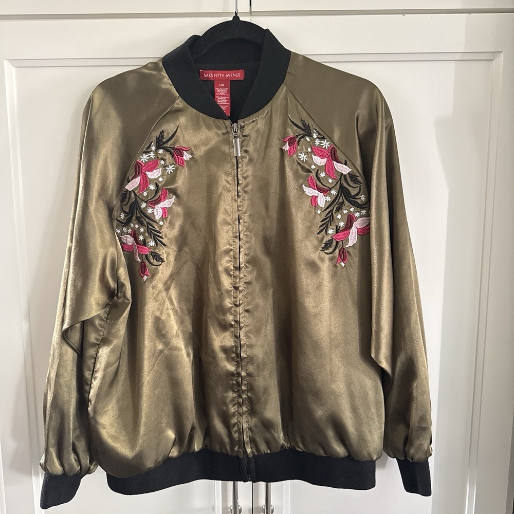 Saks Fifth Ave Size L Olive Green Satin Embroidered Tigers Flowers Bomber Jacket